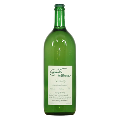 Green wine bottle with a label on a white background