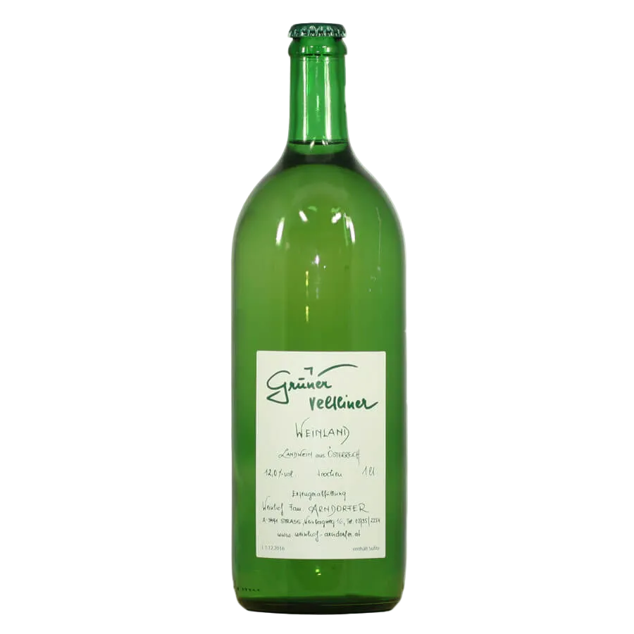 Green wine bottle with a label on a white background